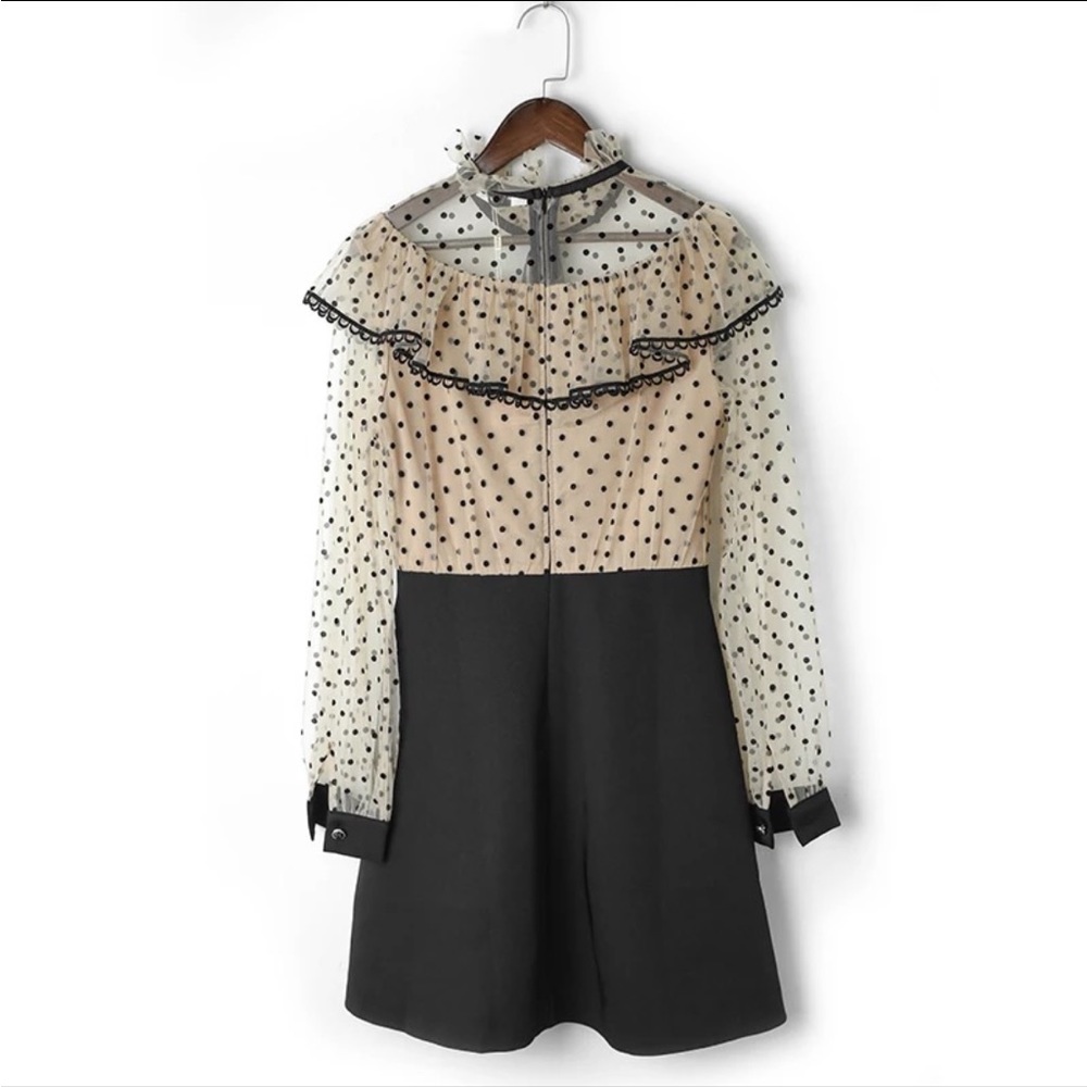 One Piece Lady Polka Dot Bow Ruffled Long Sleeve Mesh Dress - Picture 4 of 5